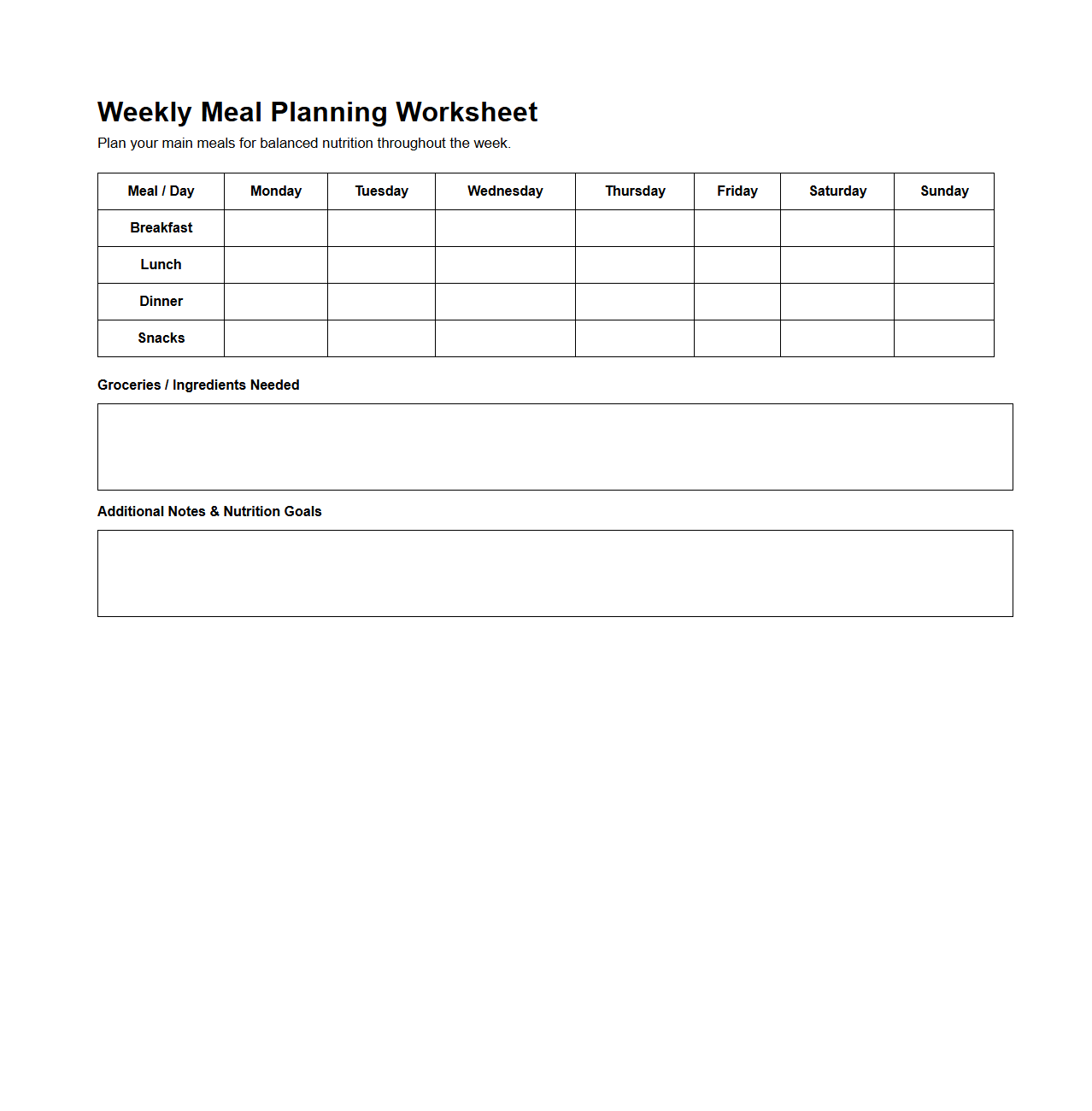 Weekly Meal Planning Worksheet for Balanced Nutrition