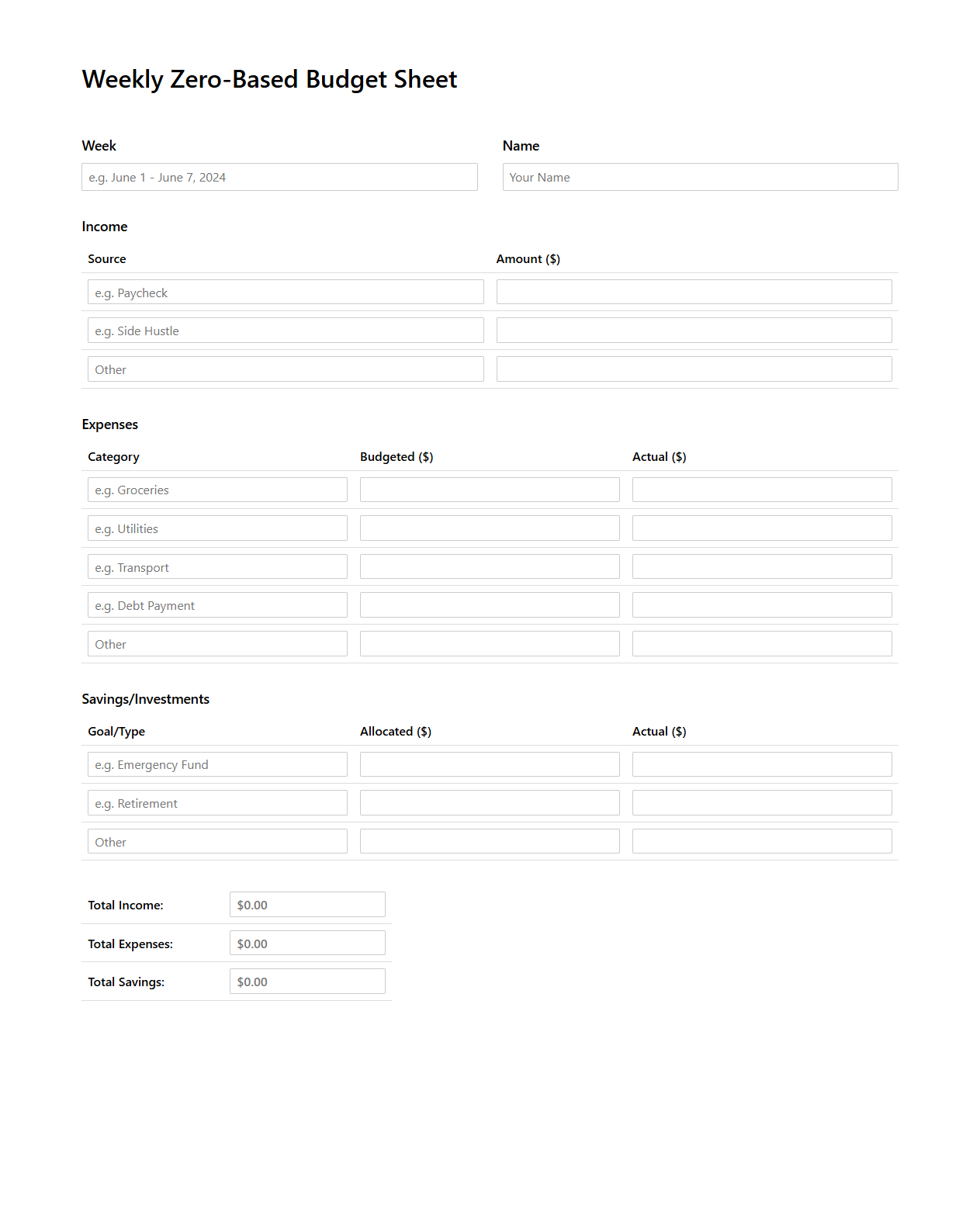 Weekly Zero-Based Budget Sheet for Increased Savings