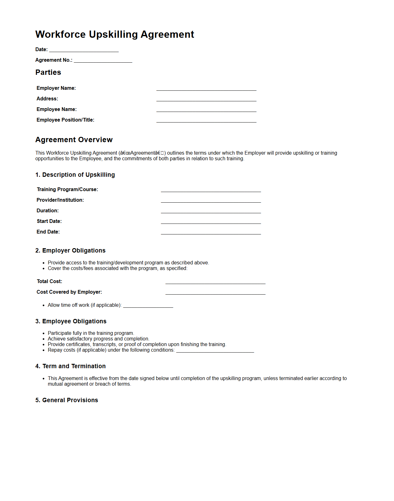 Workforce Upskilling Agreement Template