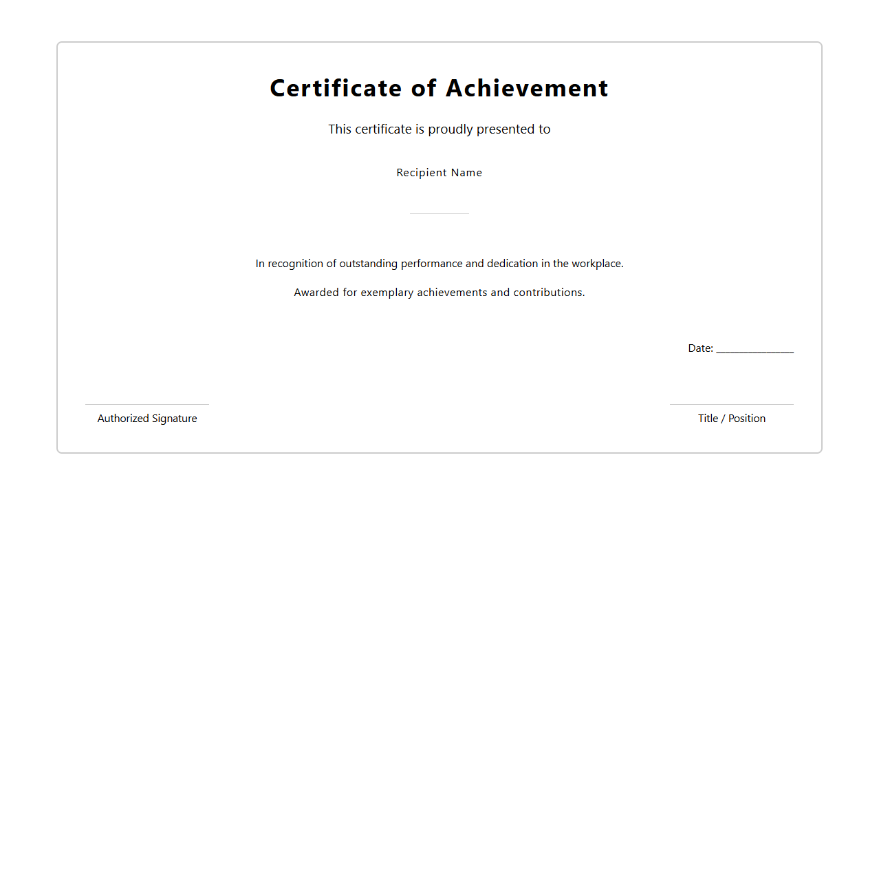 Workplace Achievement Certificate Layout