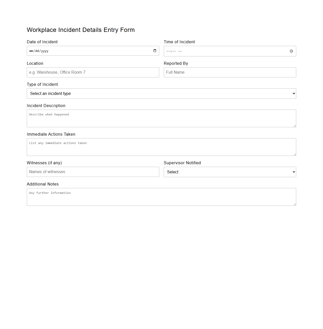 Workplace Incident Details Entry Form