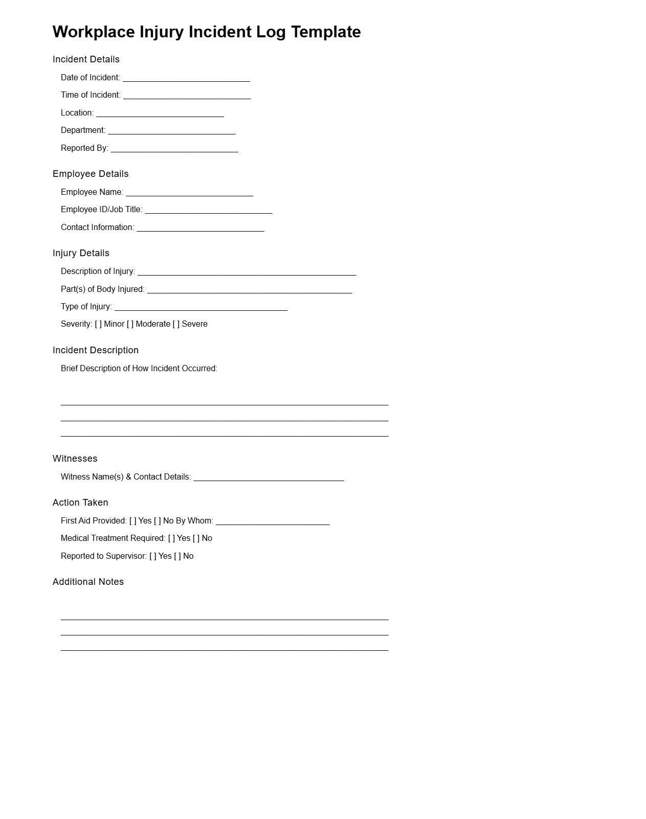 Workplace Injury Incident Log Template