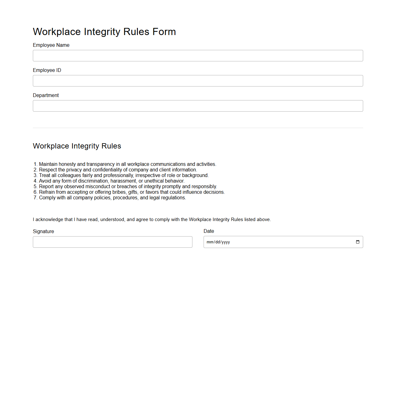 Workplace Integrity Rules Form