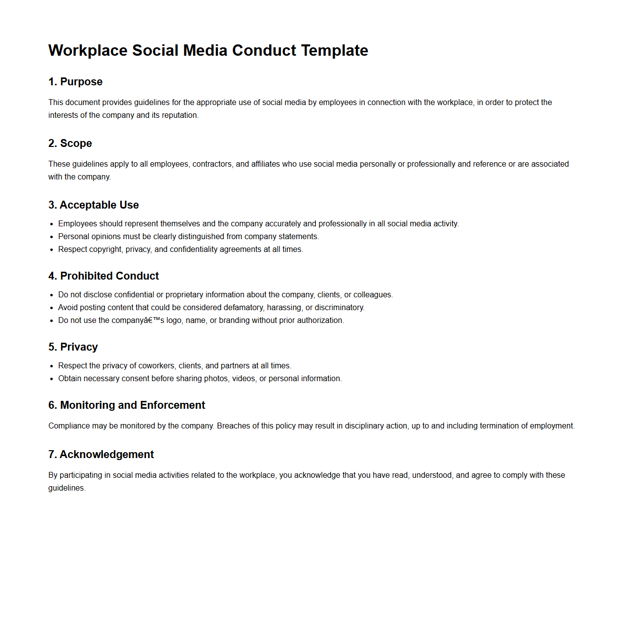 Workplace Social Media Conduct Template