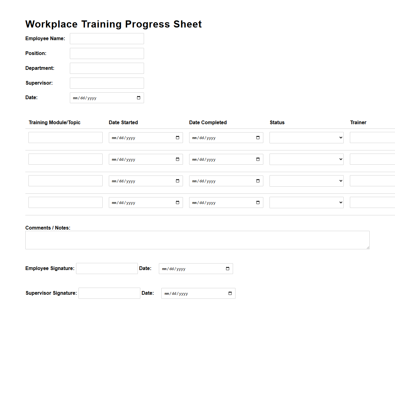 Workplace Training Progress Sheet