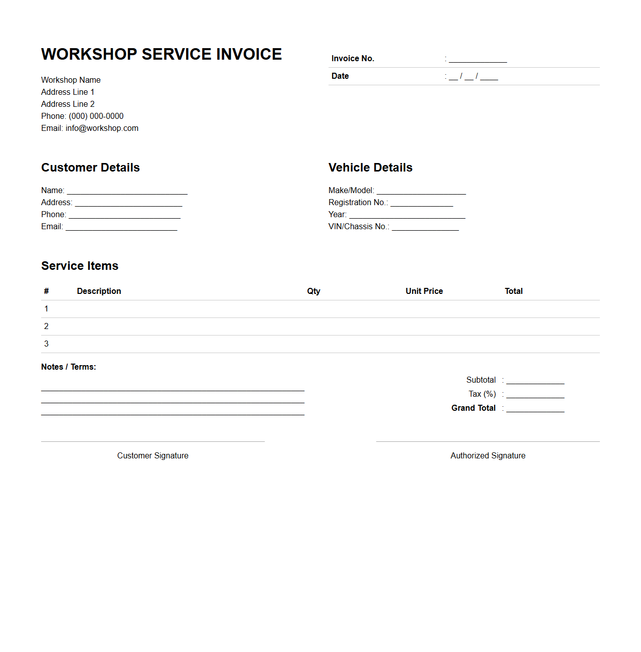 Workshop Service Invoice Layout