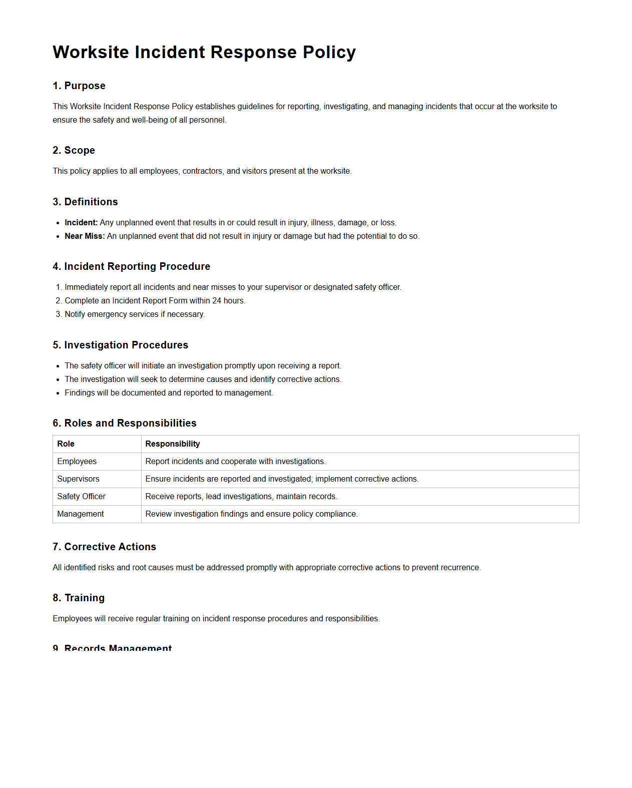 Worksite Incident Response Policy