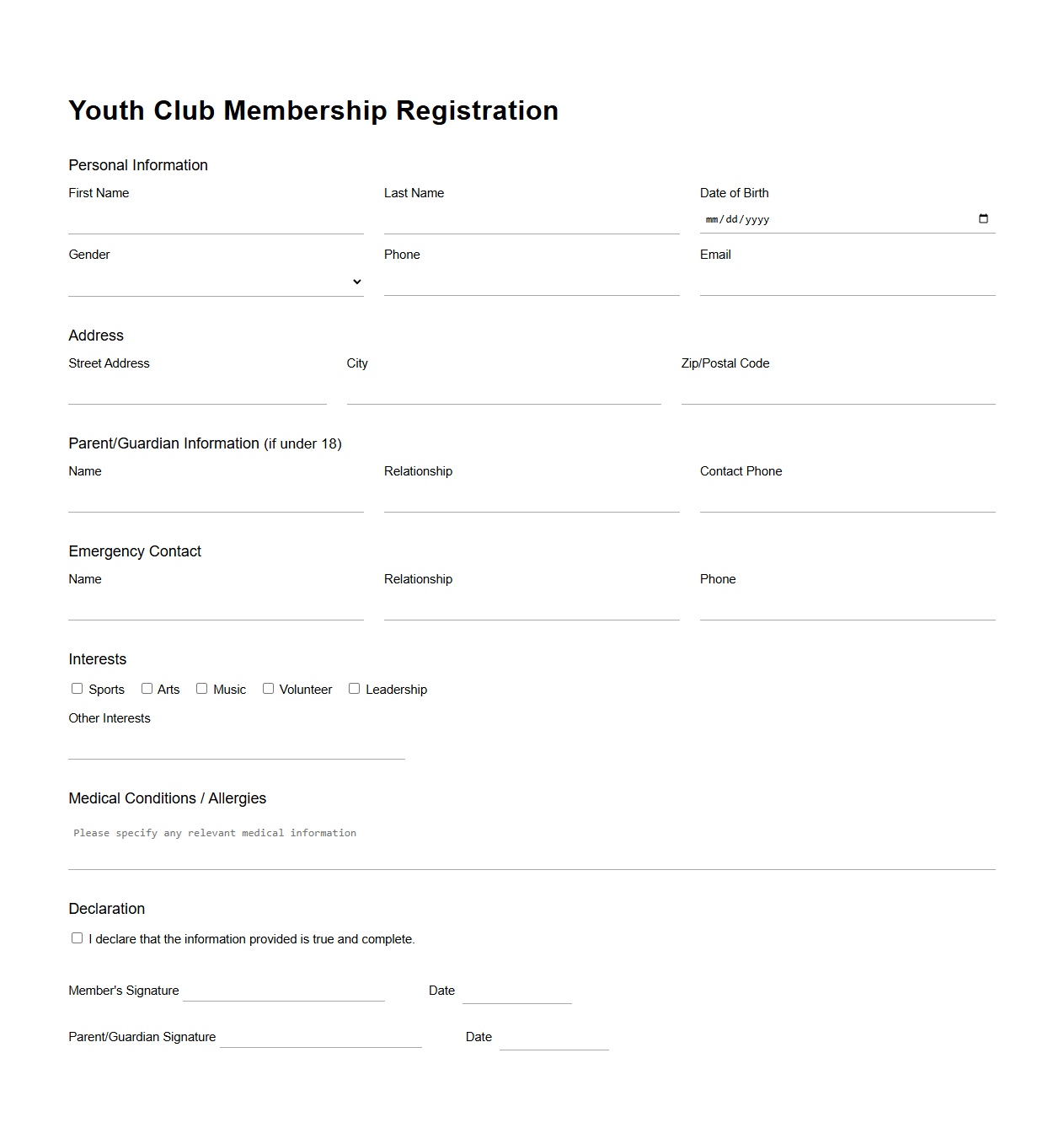 Youth Club Membership Registration Document