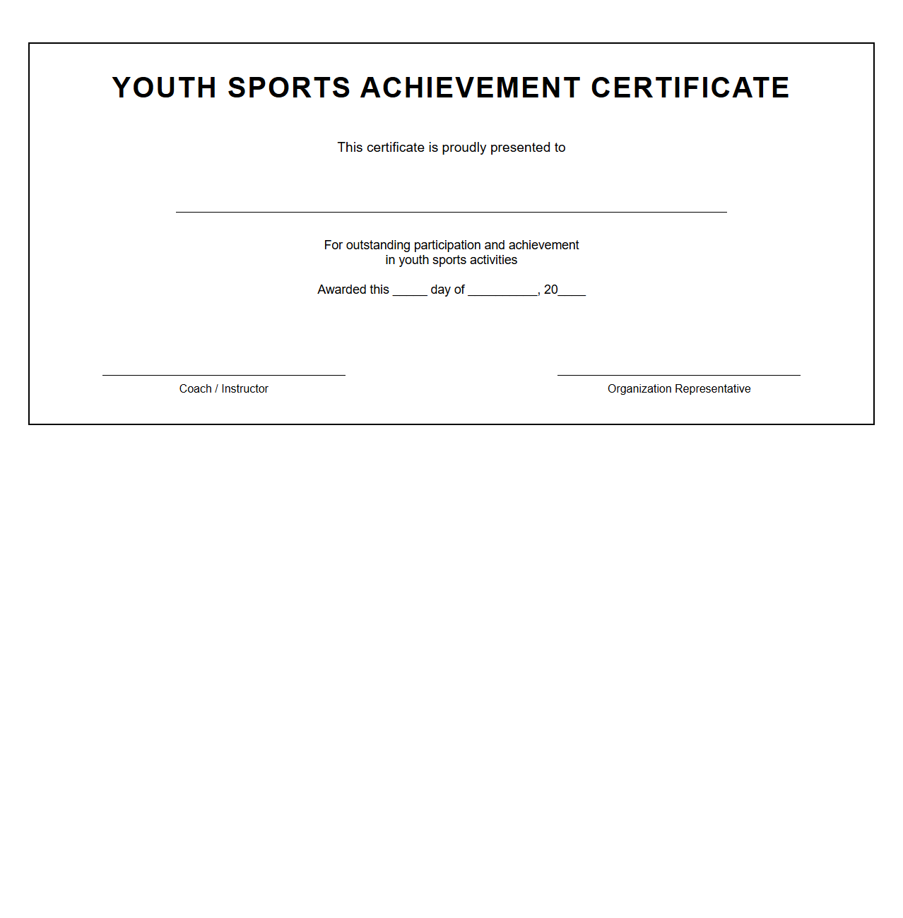Youth Sports Achievement Blank Certificate