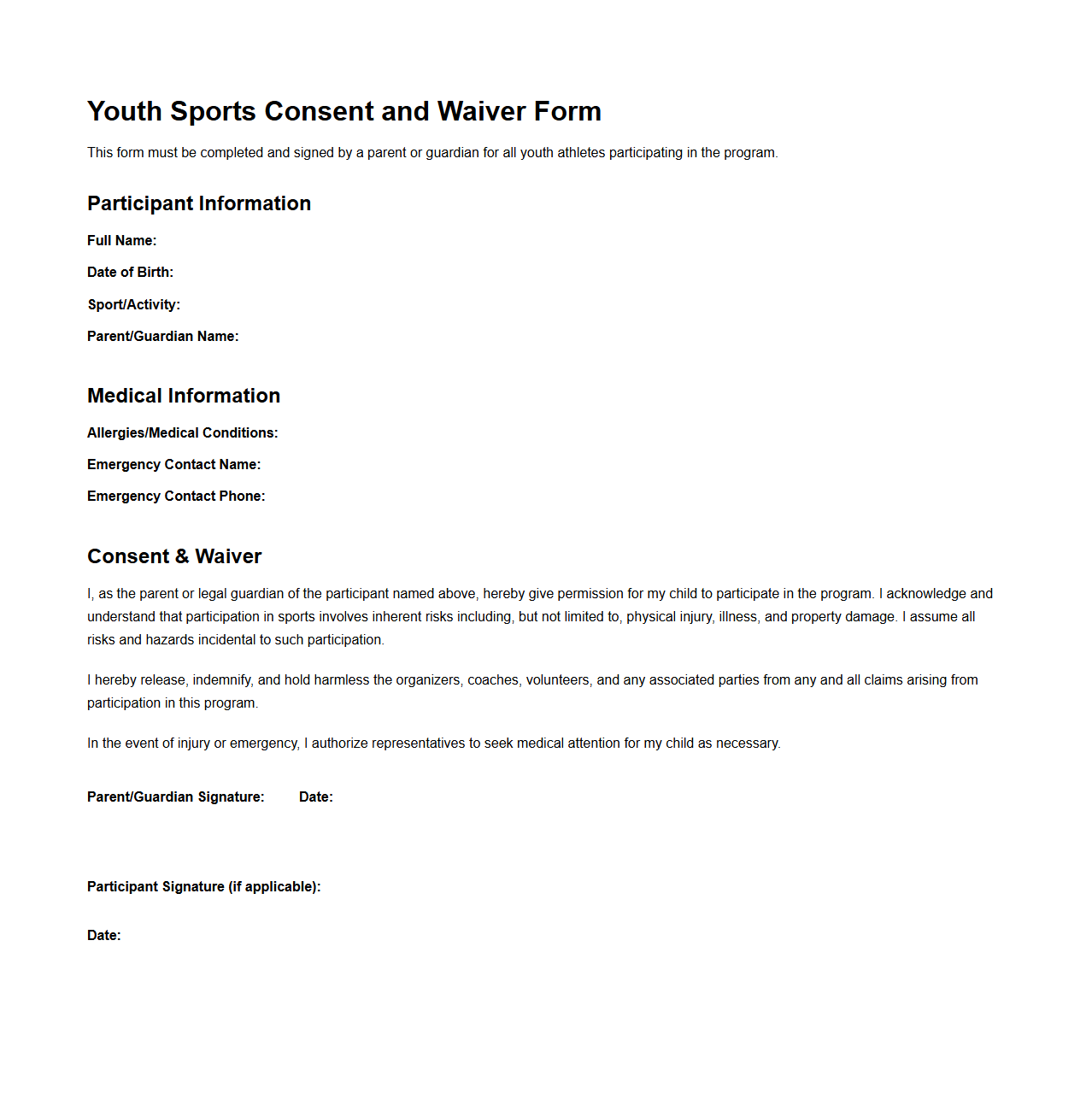 Youth Sports Consent and Waiver Template