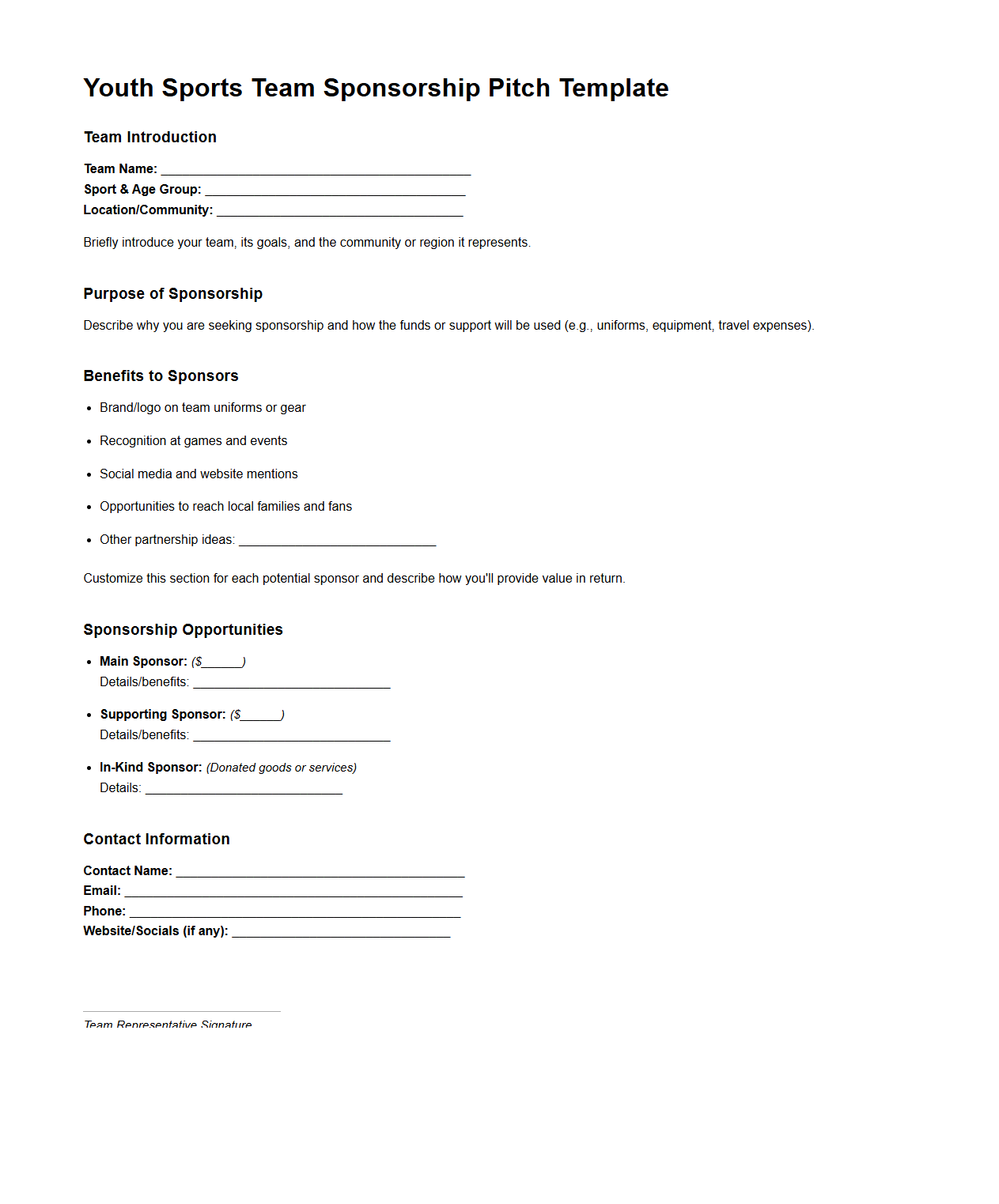 Youth Sports Team Sponsorship Pitch Template