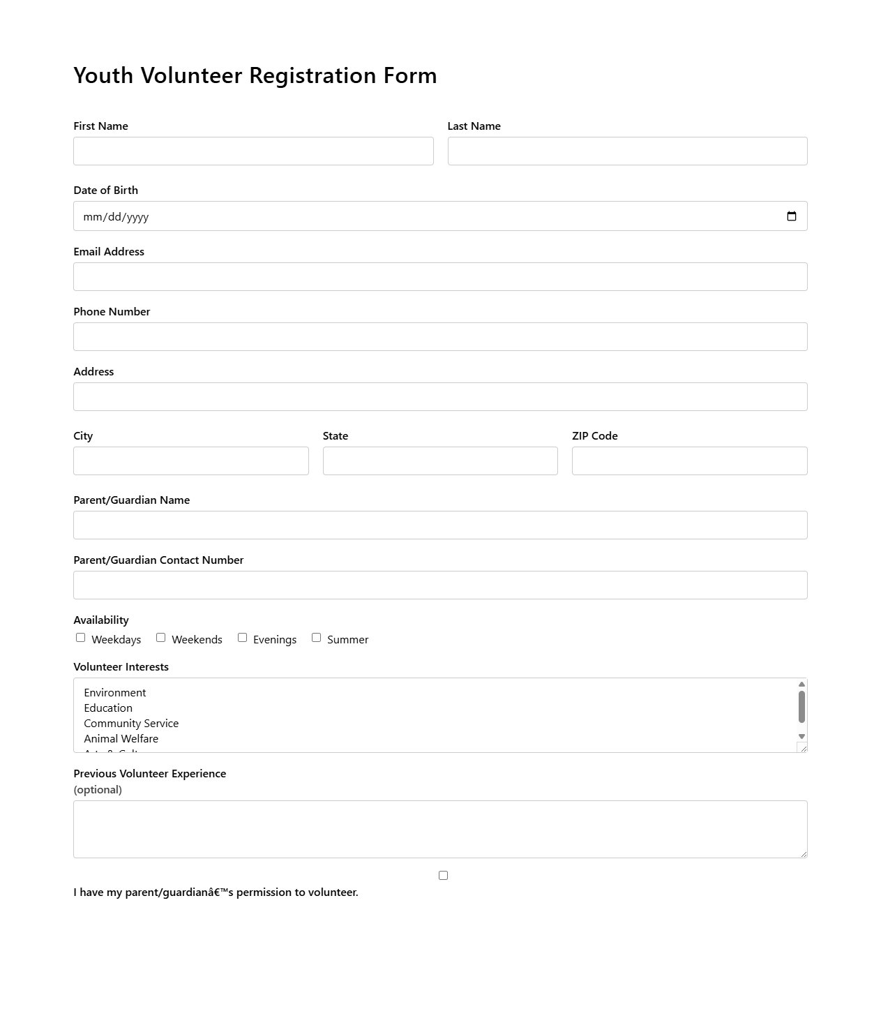 Youth Volunteer Registration Form for Nonprofits