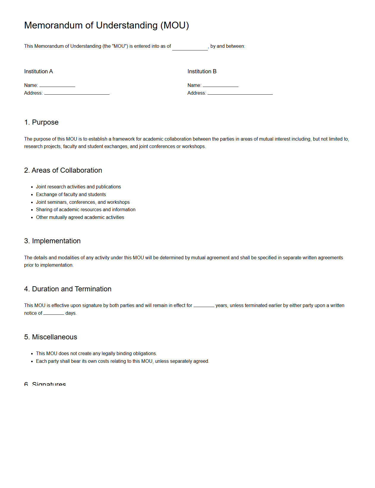 Academic Collaboration MOU Template