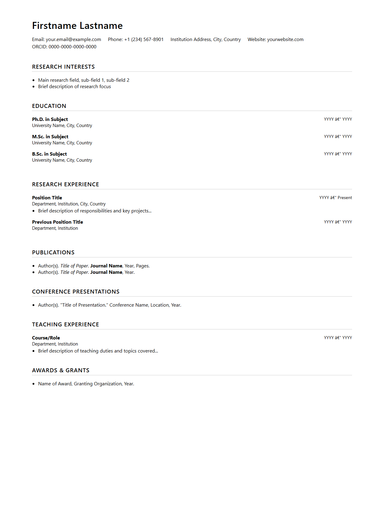 Academic CV Template for Research Roles