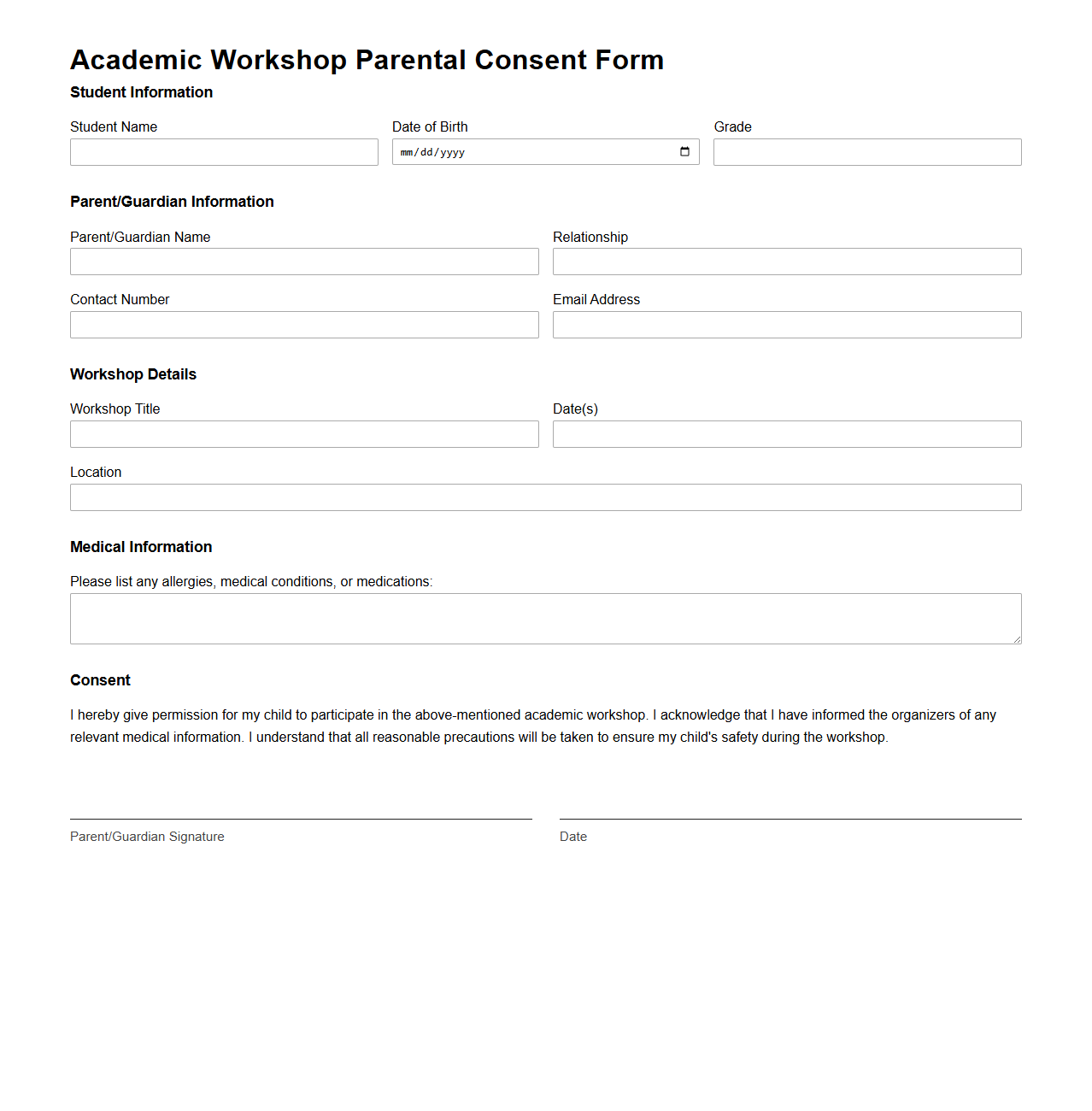 Academic Workshop Parental Consent Form