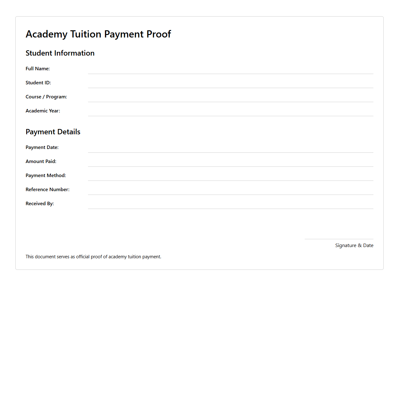 Academy Tuition Payment Proof Template