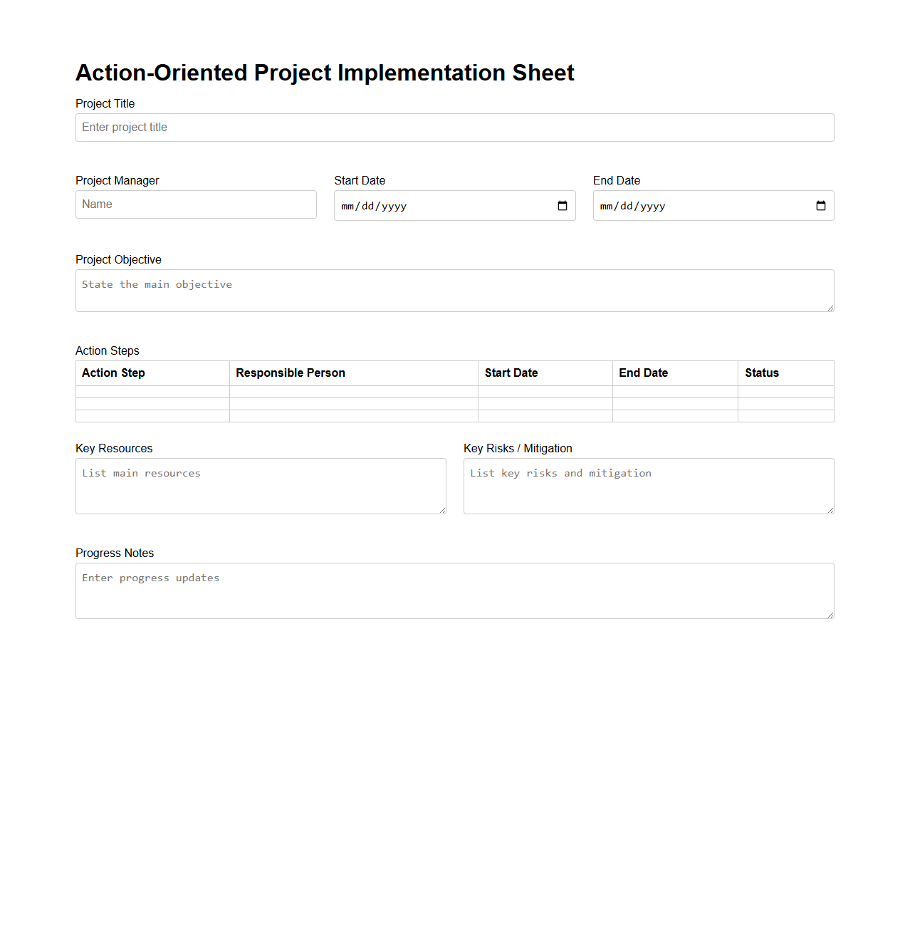 Action-Oriented Project Implementation Sheet