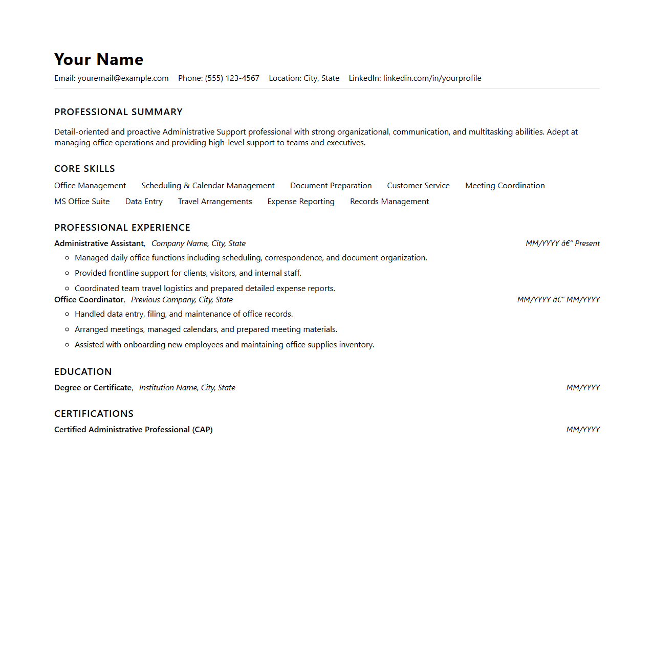 Administrative Support Resume Blueprint