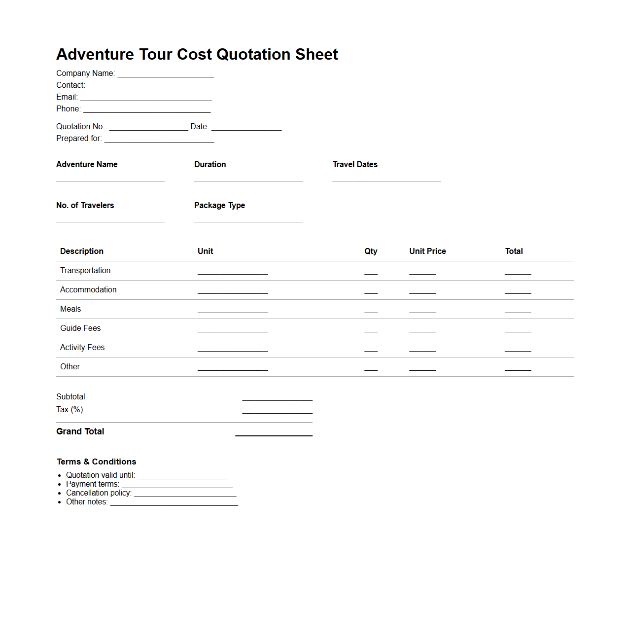 Adventure Tour Cost Quotation Sheet