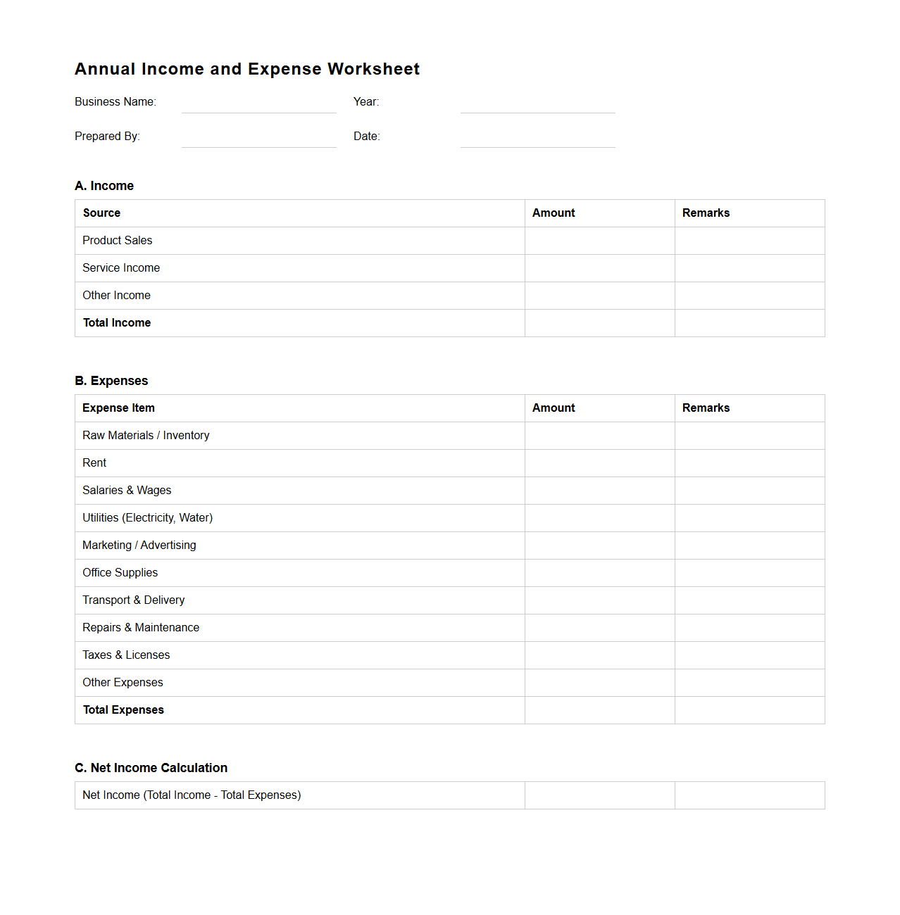 Annual Income and Expense Worksheet for Small Enterprise