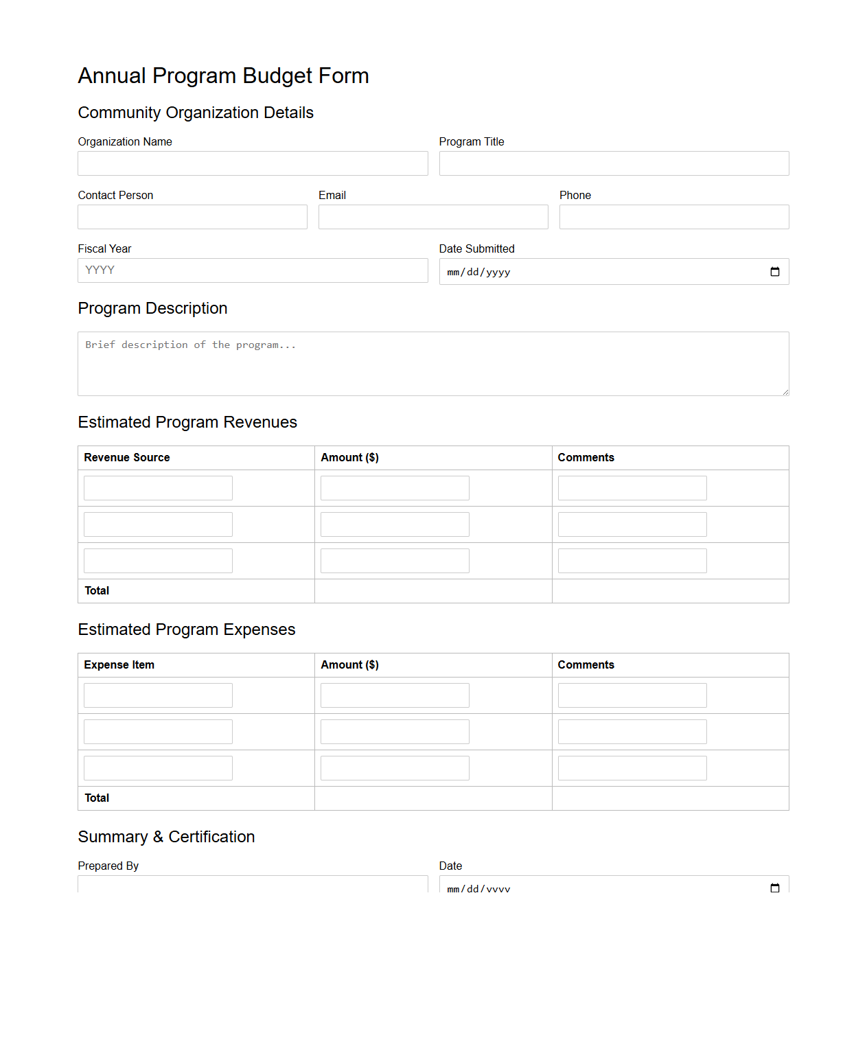 Annual Program Budget Form for Community Organizations
