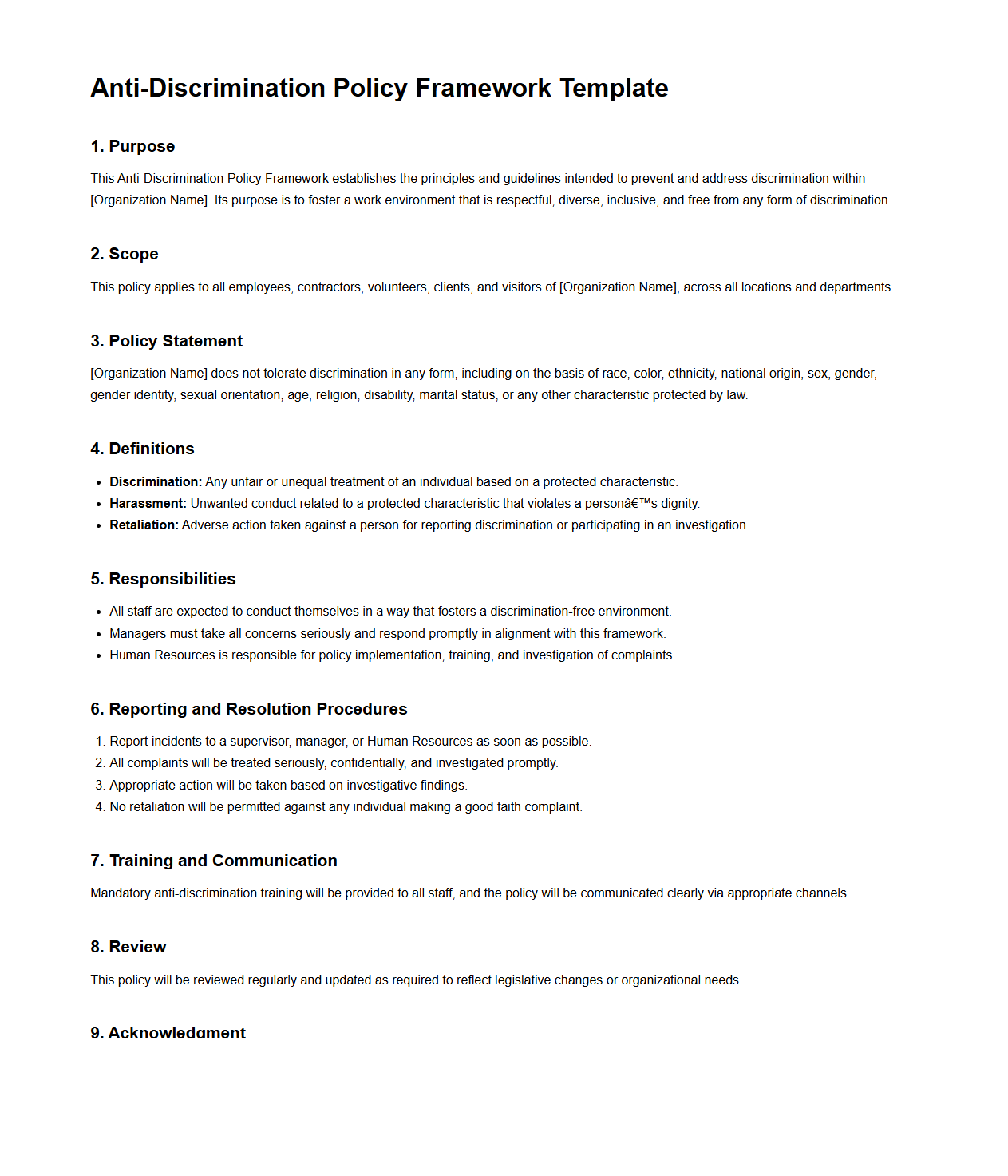 Anti-Discrimination Policy Framework Template