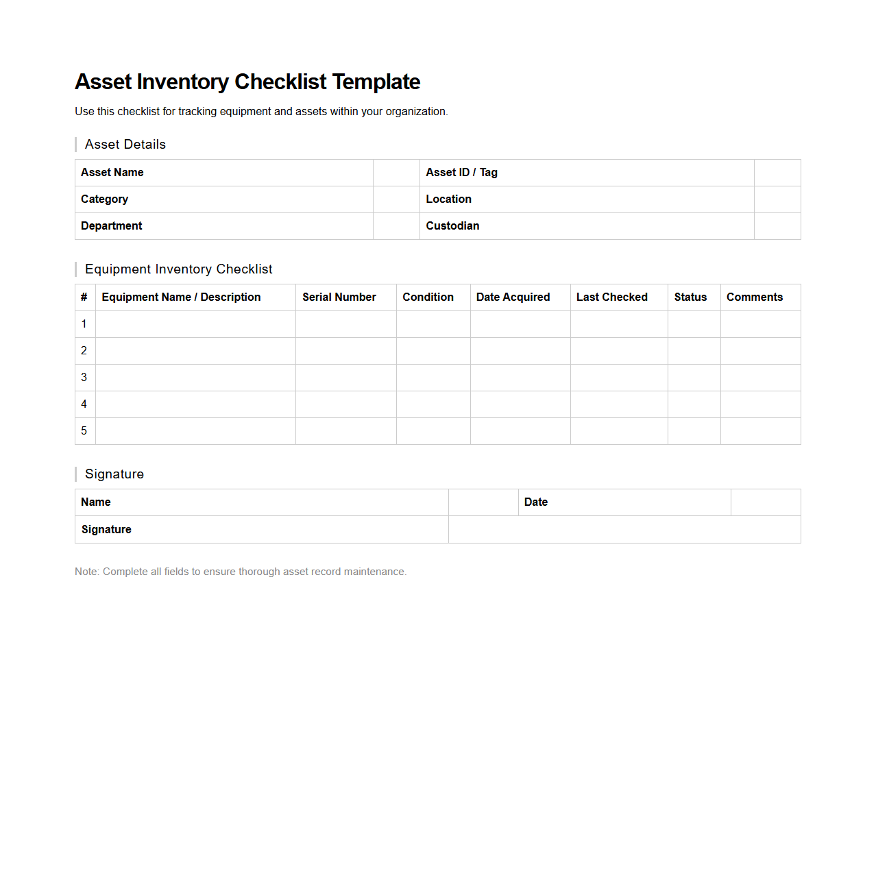 Asset Inventory Checklist Template for Equipment Tracking