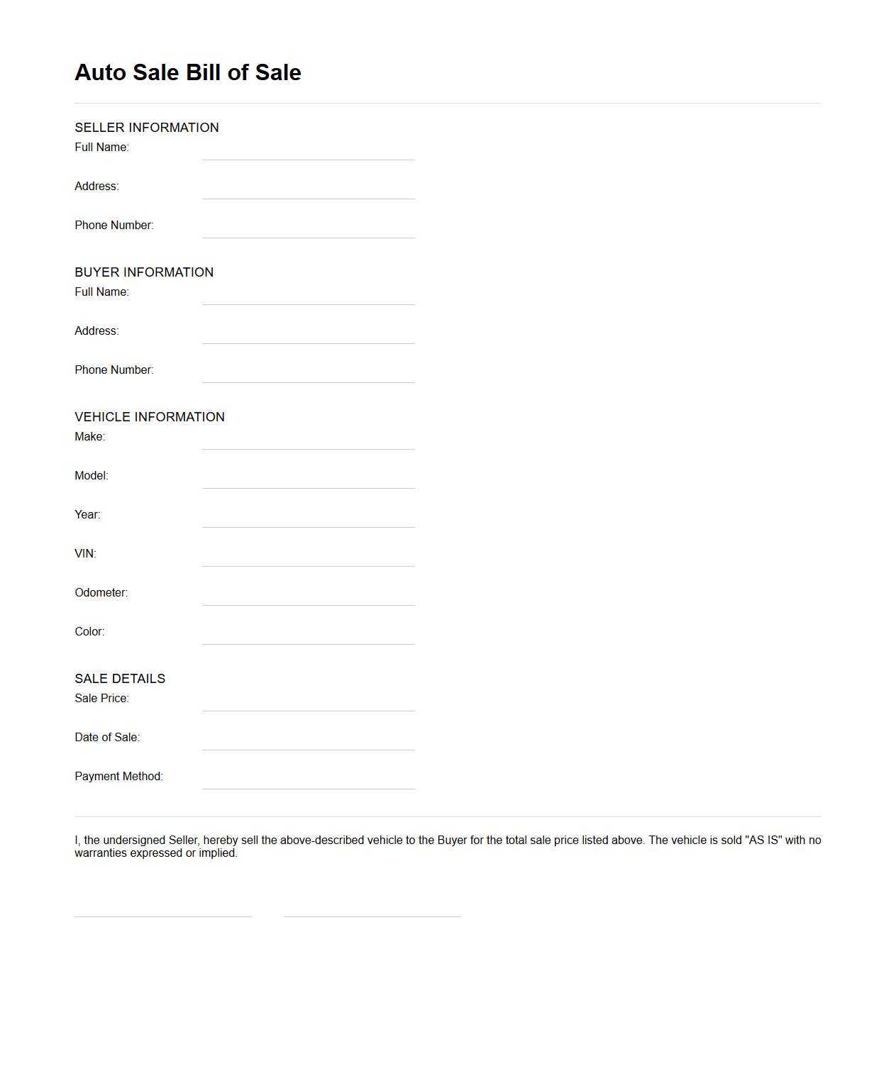 Auto Sale Bill of Sale Template