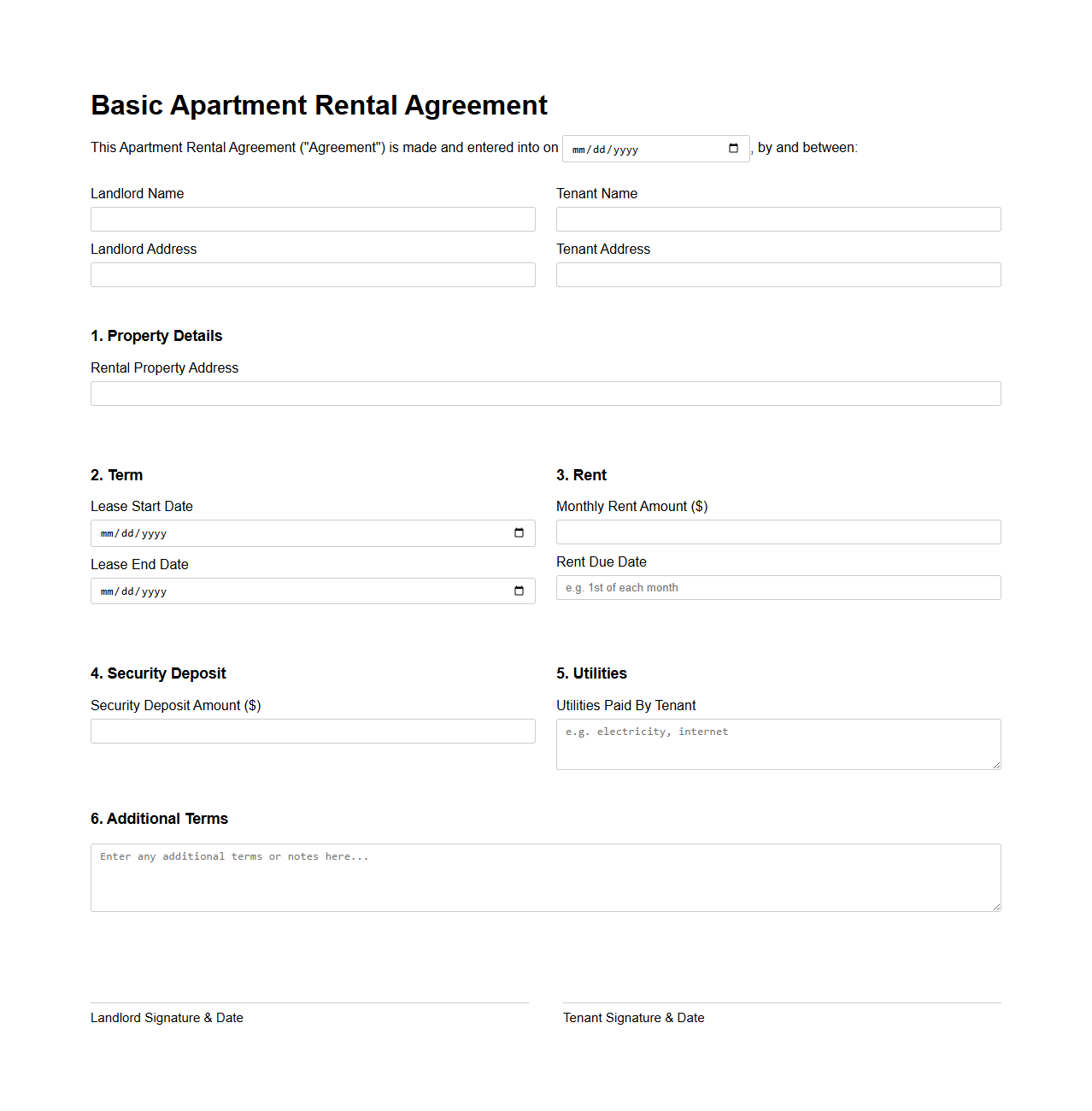 Basic Apartment Rental Agreement Blank Form