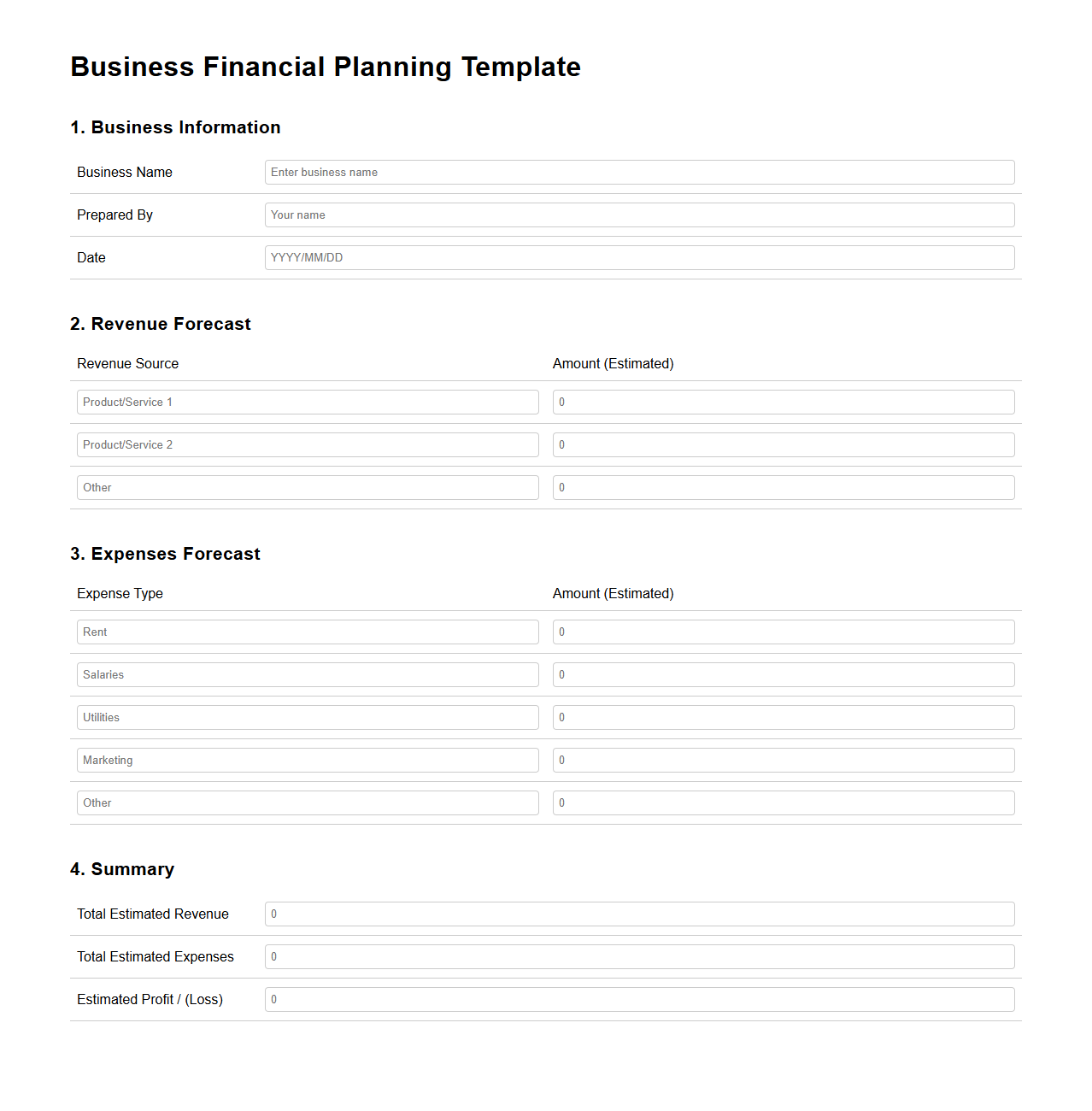Basic Blank Business Financial Planning Template