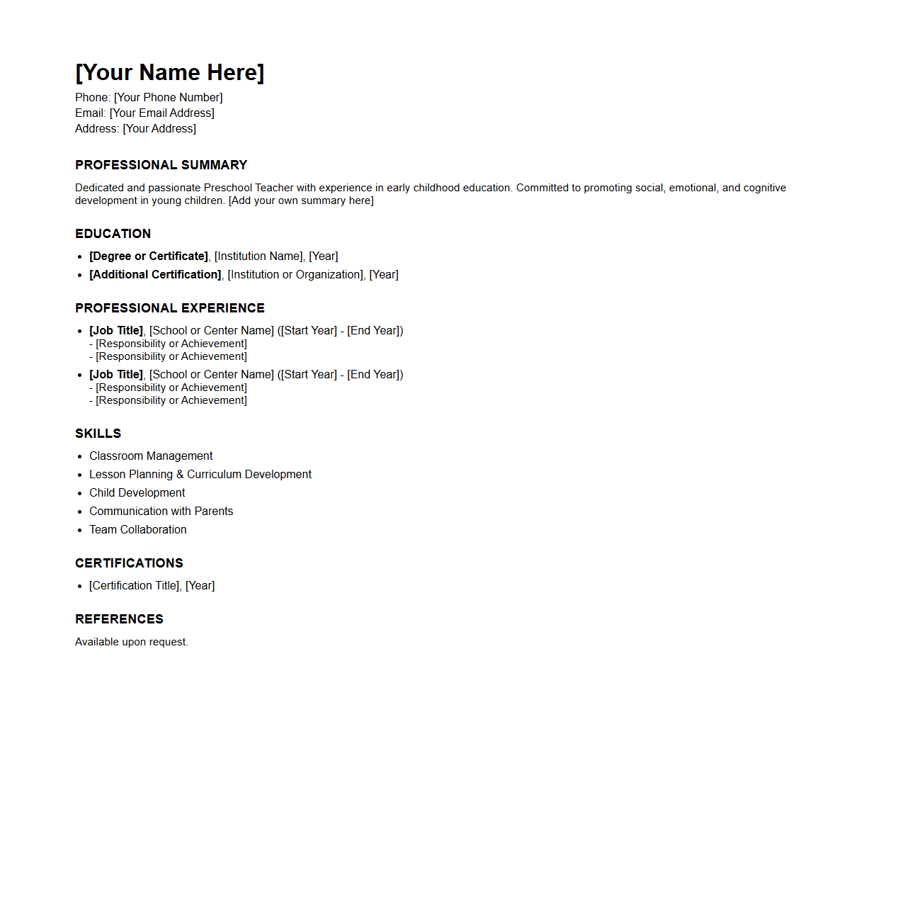 Basic Blank Preschool Teacher Resume Template for Early Childhood Education