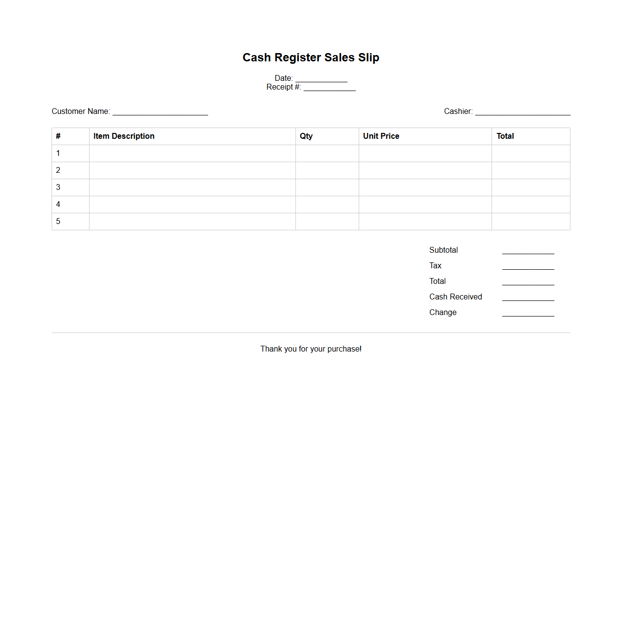 Basic Cash Register Sales Slip Template