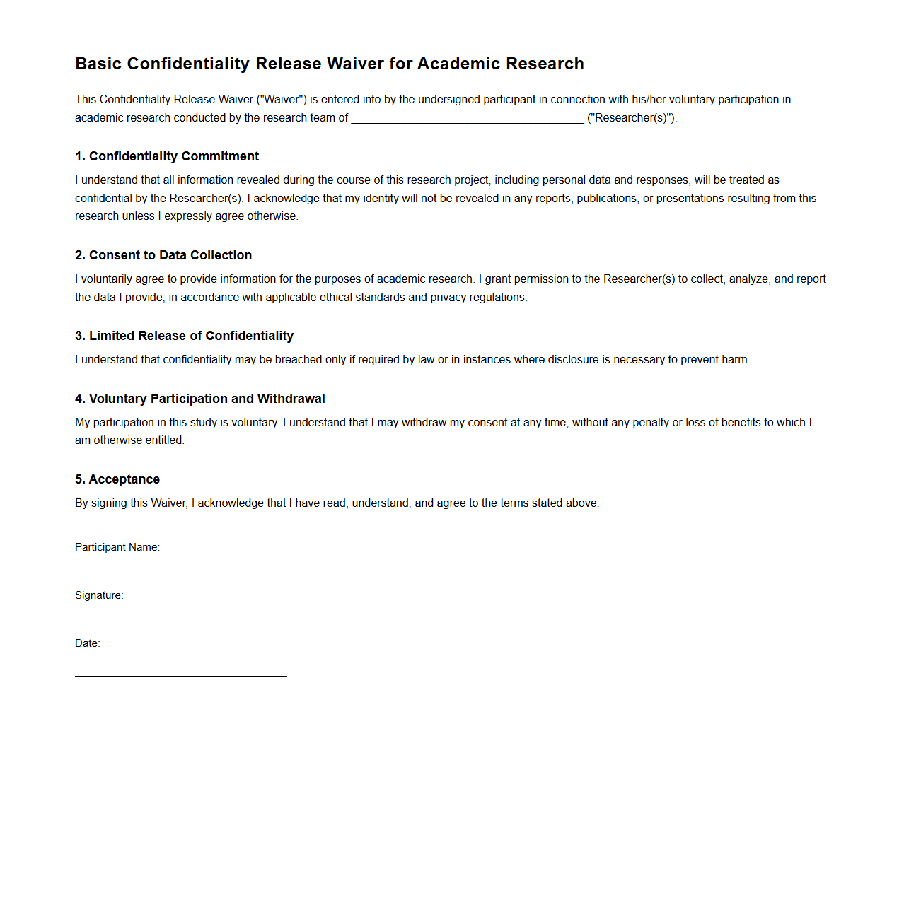Basic Confidentiality Release Waiver for Academic Research