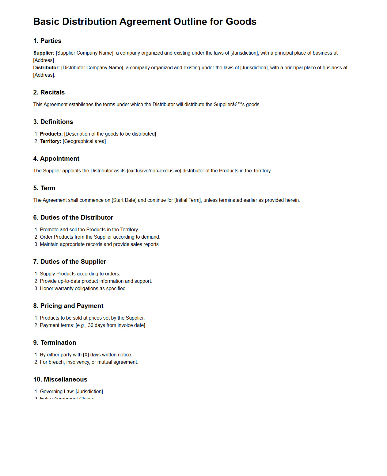 Basic Distribution Agreement Outline for Goods