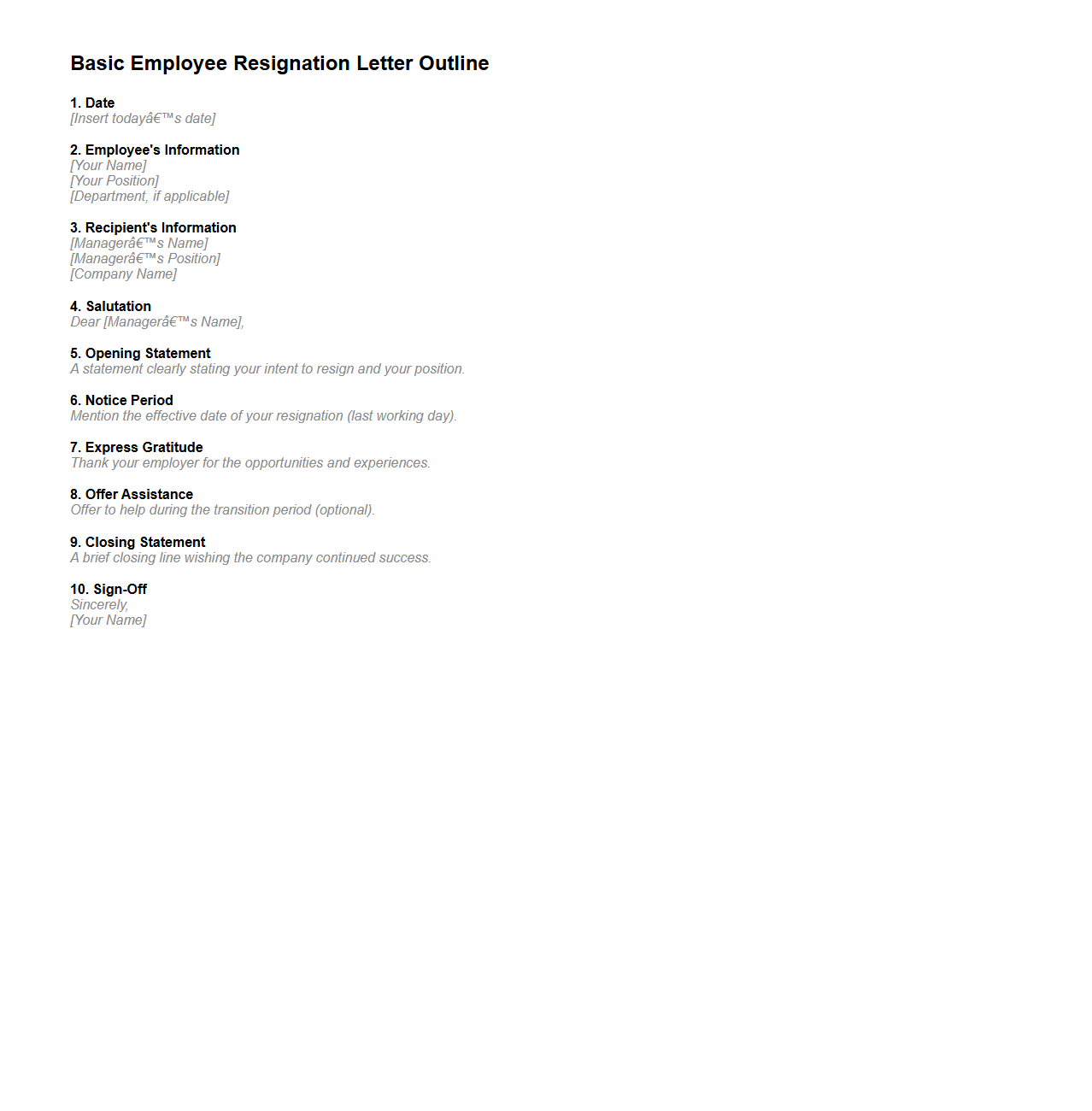 Basic Employee Resignation Letter Outline