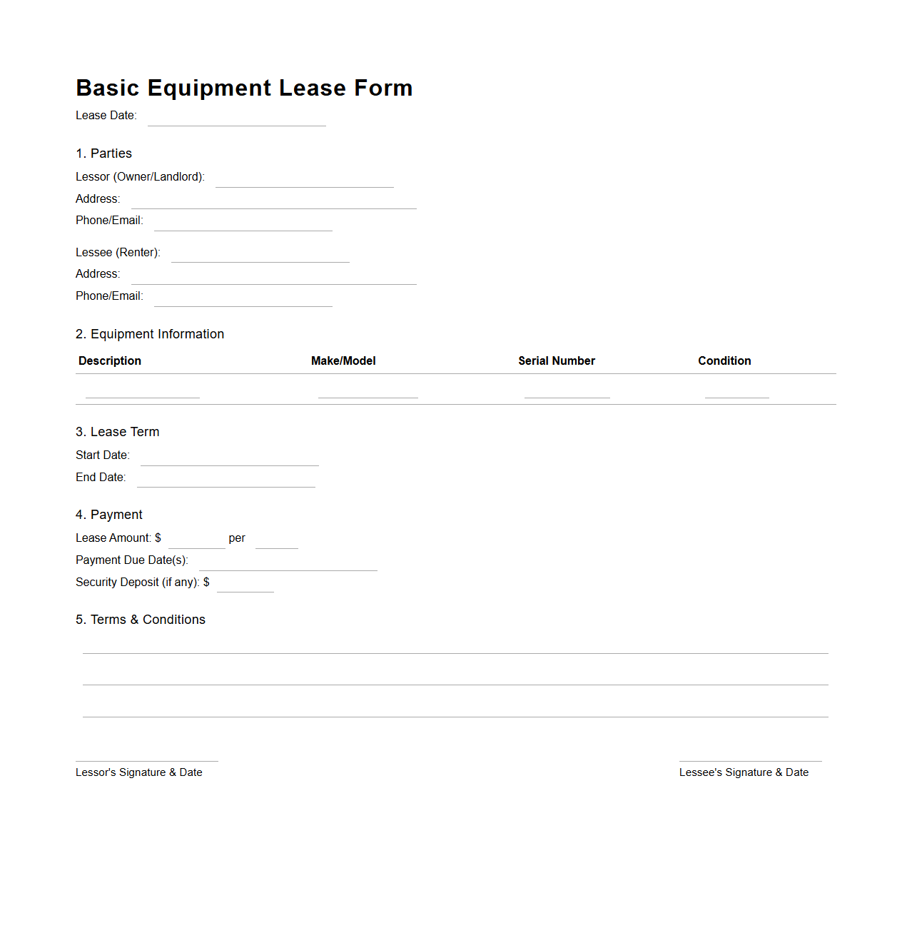 Basic Equipment Lease Form Template