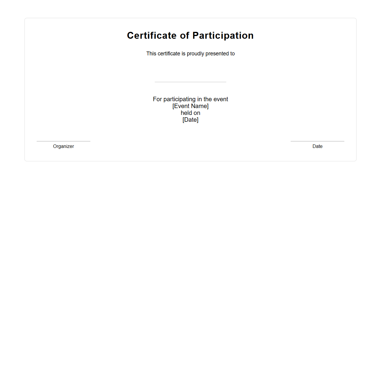 Basic Event Participation Certificate Layout