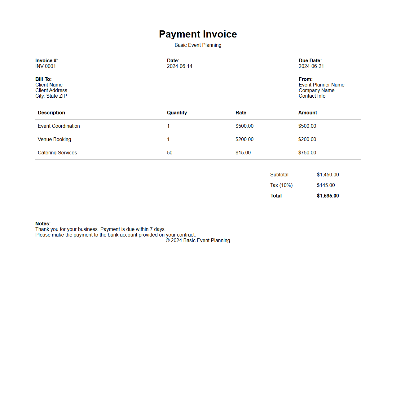 Basic Event Planning Payment Invoice