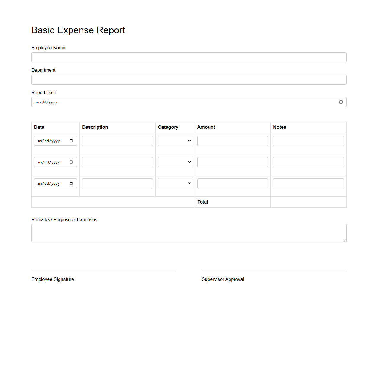 Basic Expense Report Template for Employees