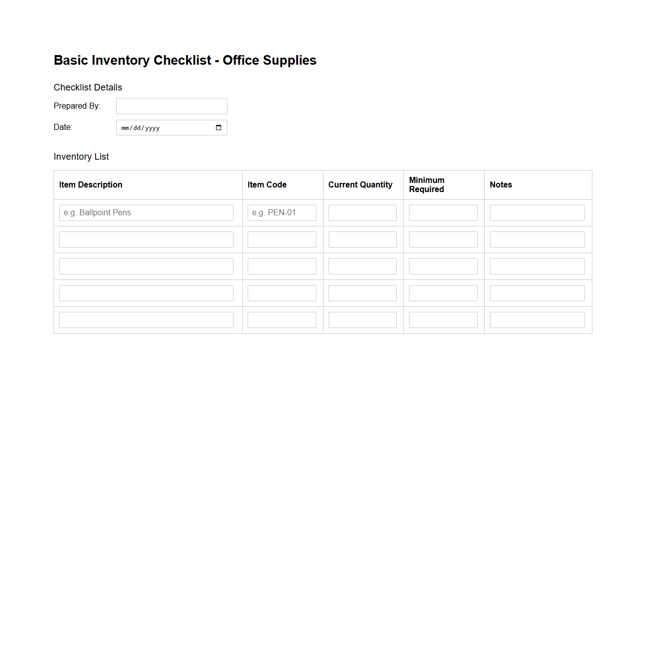 Basic Inventory Checklist Template for Office Supplies