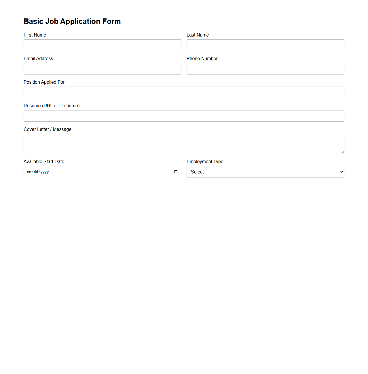Basic Job Application Form Template