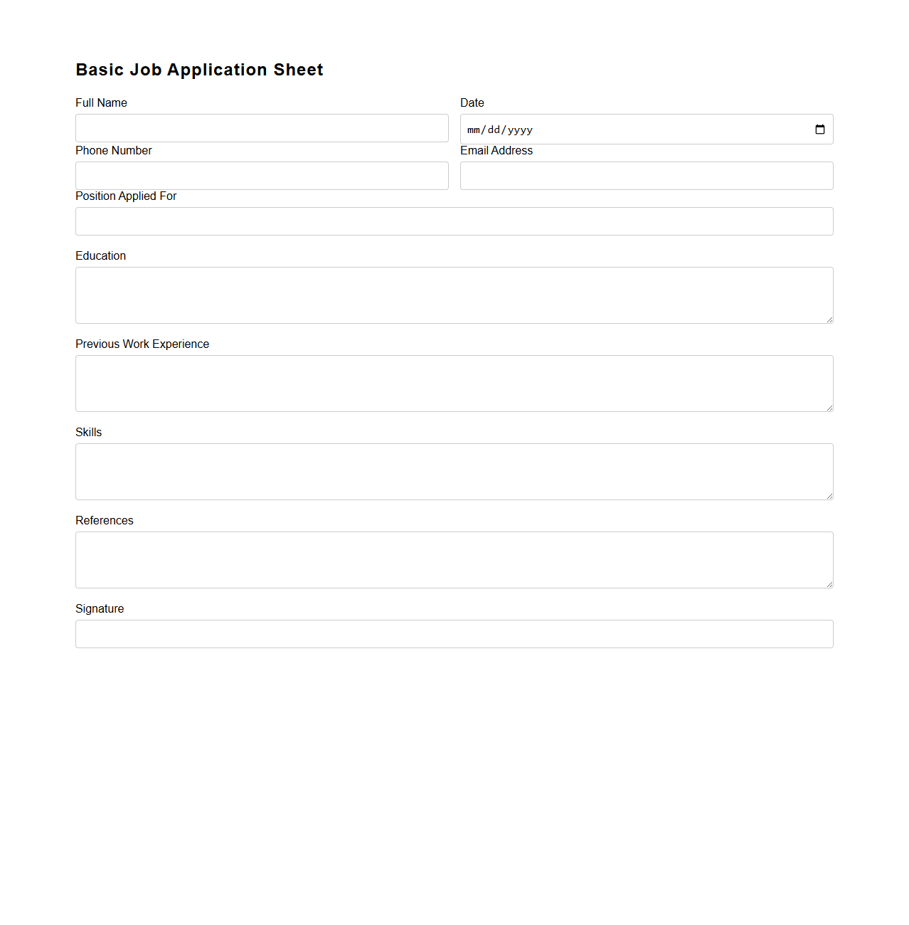 Basic Job Application Sheet Template