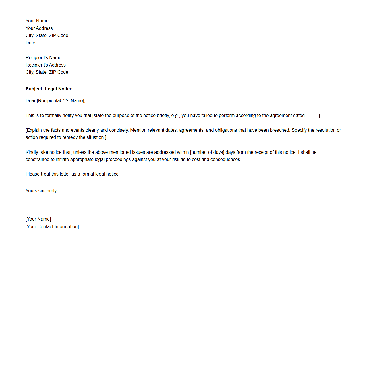 Basic Legal Notice Letter Structure