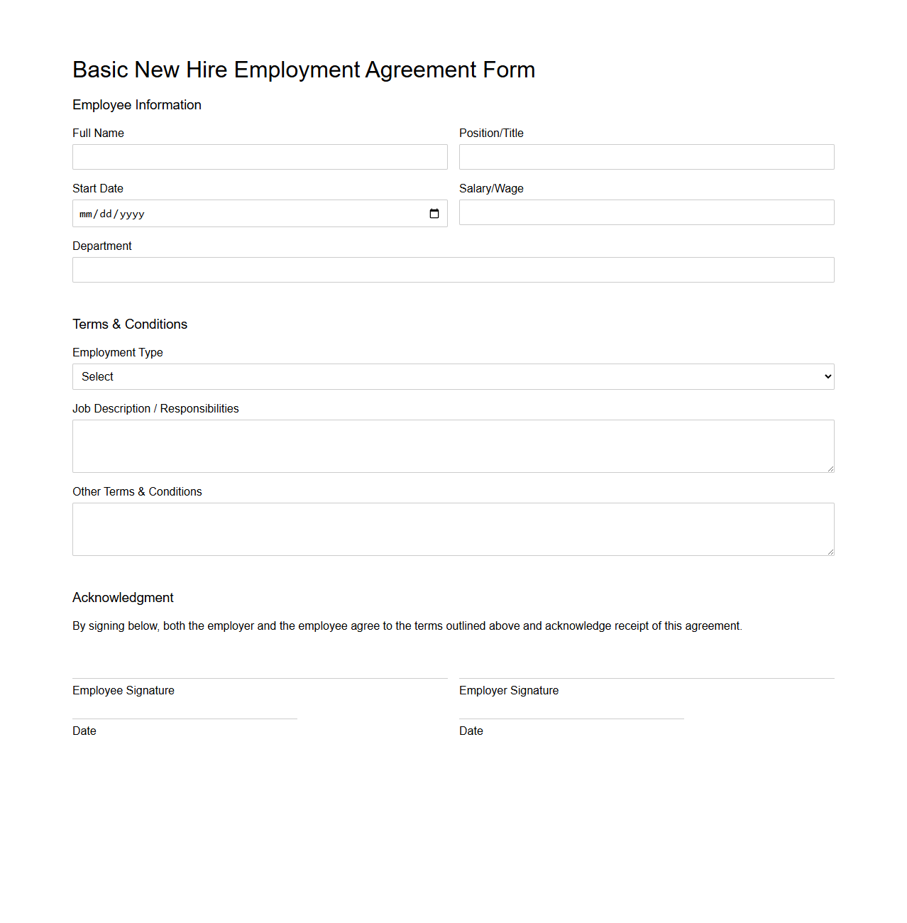 Basic New Hire Employment Agreement Form