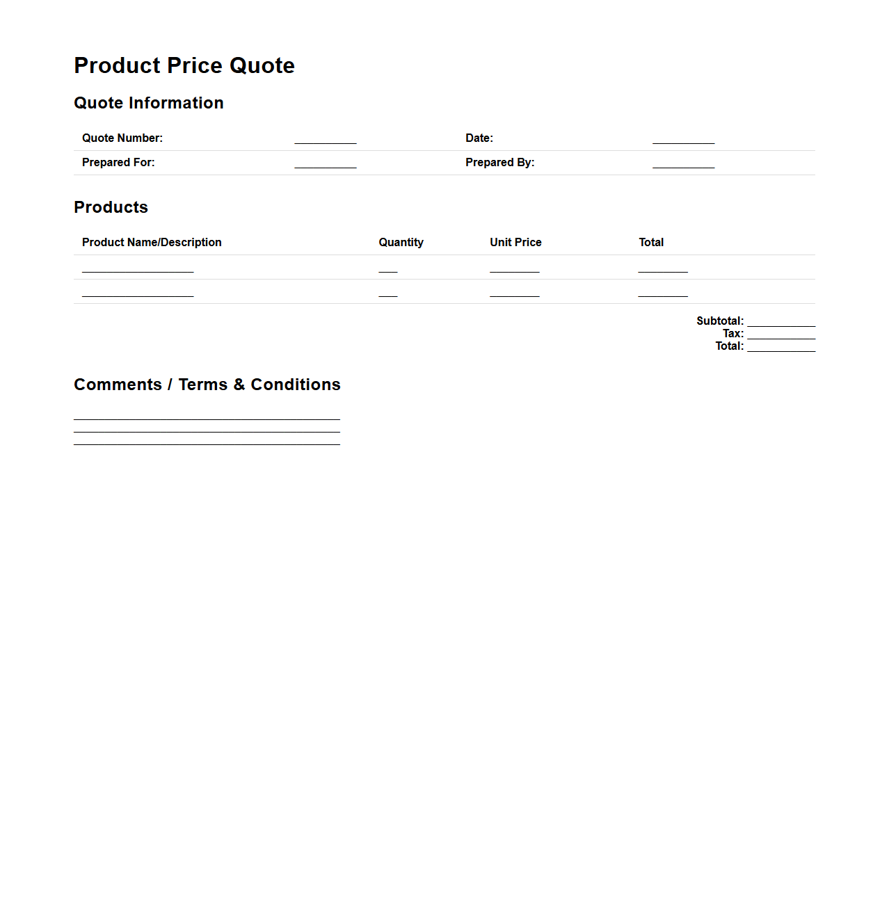 Basic Product Price Quote Document