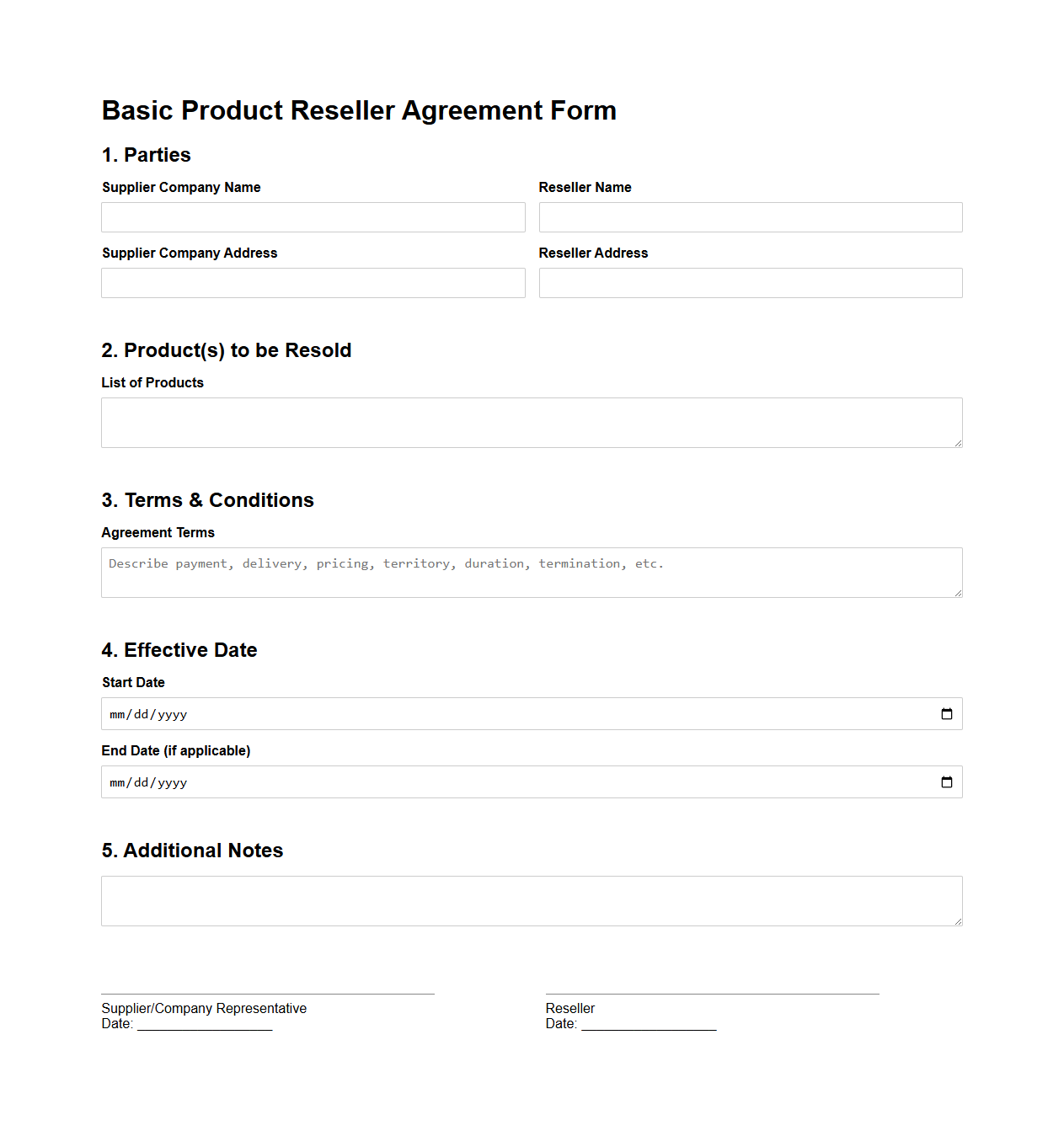 Basic Product Reseller Agreement Form