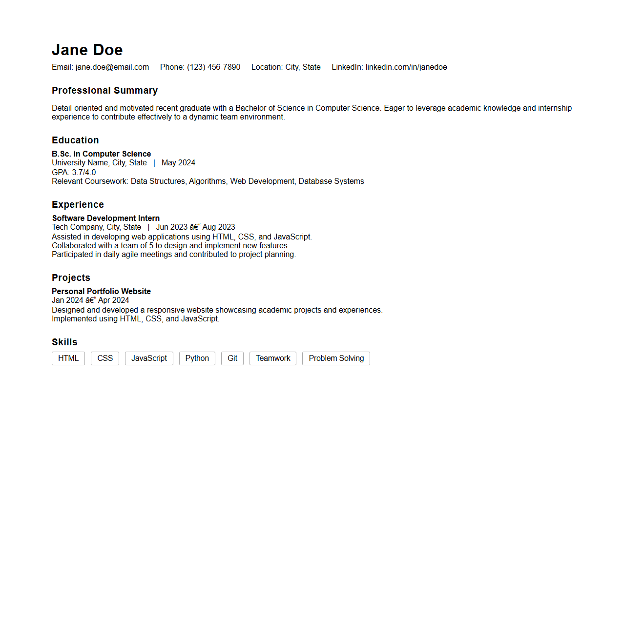 Basic Recent Graduate Resume Format