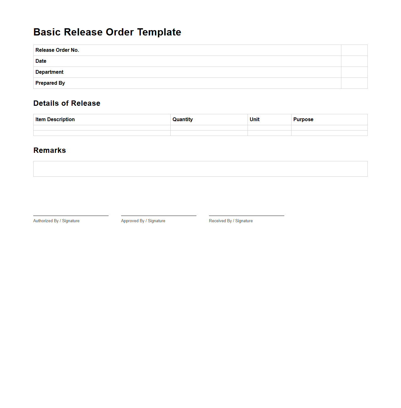 Basic Release Order Template for Operations
