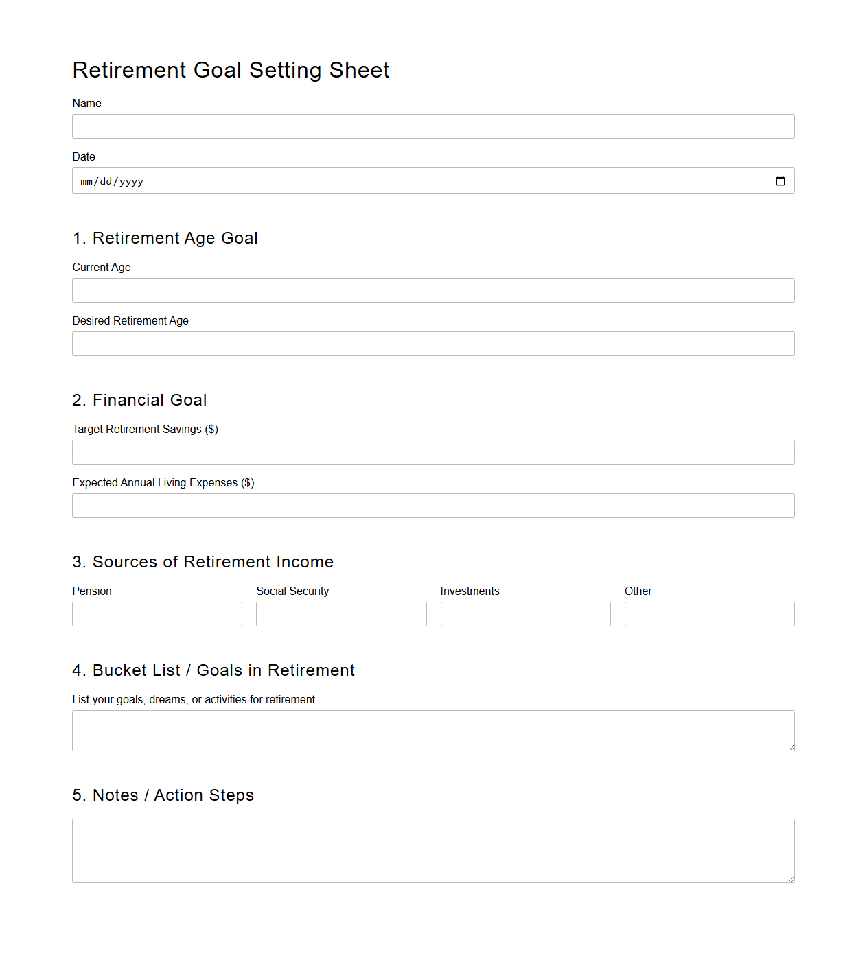 Basic Retirement Goal Setting Sheet