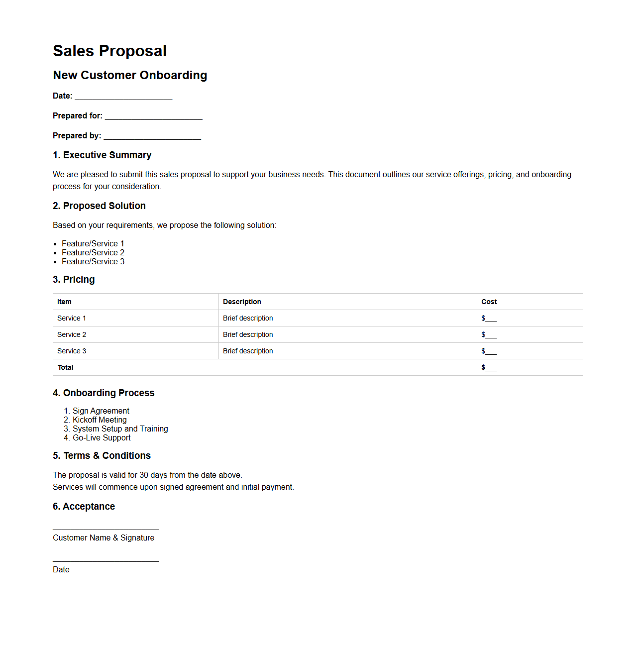 Basic Sales Proposal Document for New Customer Onboarding